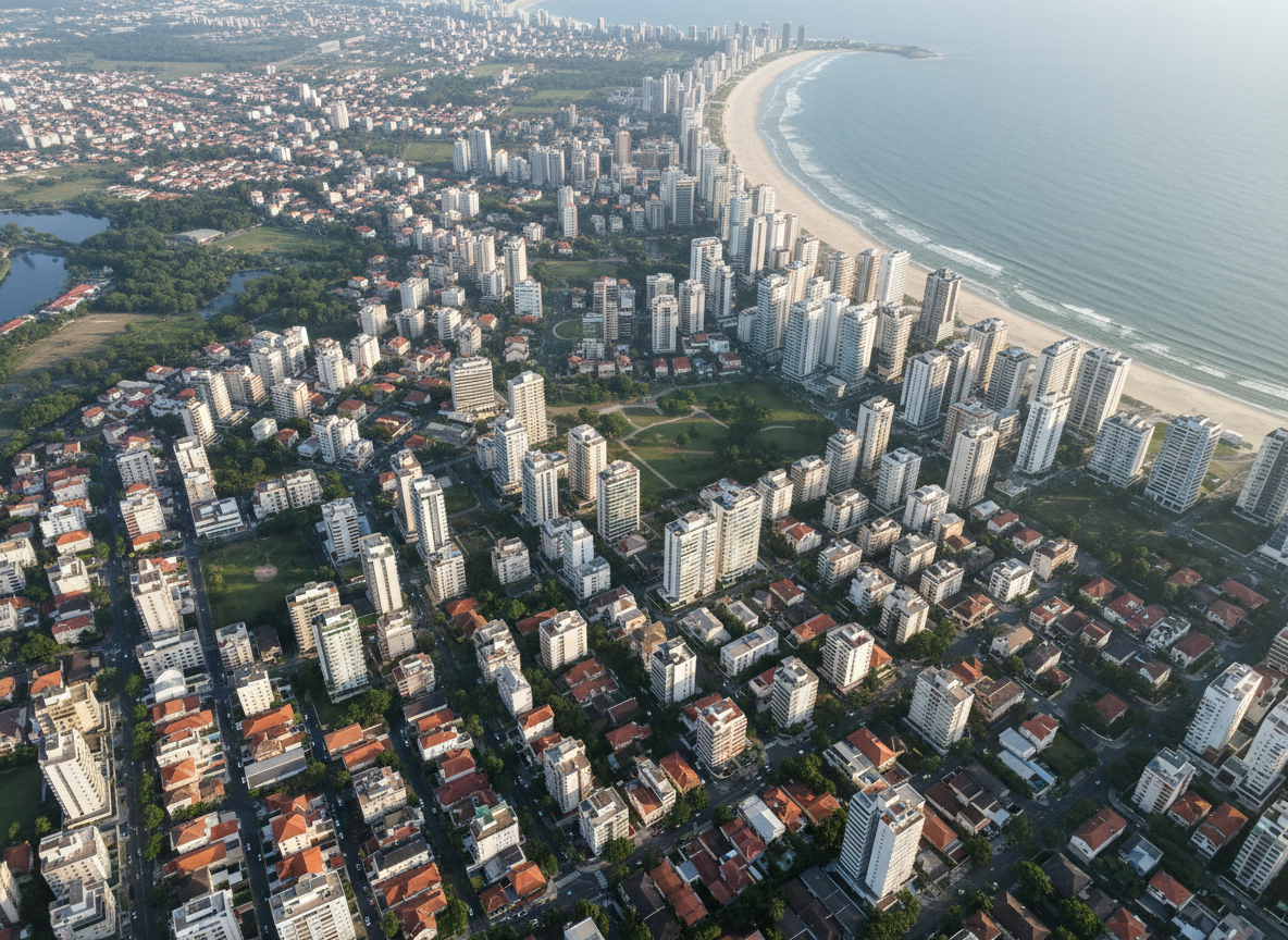An aerial photographic view of a coastal Brazilian city in Santa Catarina, showcasing a precise mix of high-rise residential towers, lower houses with red-tiled roofs, and green areas between them. The shoreline curves elegantly, with light-toned sand and calm blue water, while orderly streets and well-defined urban blocks emphasize structure and land use patterns. Early morning light bathes the city in soft, neutral tones, creating gentle shadows that define building volumes without harsh contrast. Photographic realism, bird’s-eye perspective with sharp focus across the image, professional and analytical mood, clean and clear atmosphere that suggests urban mapping, regional market understanding, and technical insight for comprehensive real estate evaluations and reports.