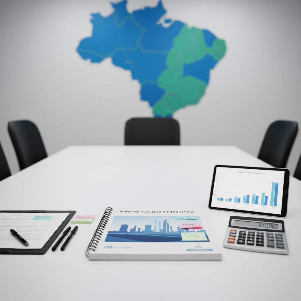 A bright, modern meeting table prepared for presenting a real estate appraisal report, with a thick, spiral-bound valuation document in the center, its cover showing a stylized outline of a coastal skyline and the words “Laudo de Avaliação Imobiliária” in clean typography. Surrounding the report, there is a tablet displaying a bar chart of market values, a calculator, fine-tip pens, and small sticky notes marking key sections. The table surface is matte white, set in a minimalist conference room with a blurred background featuring a large wall map of Brazil. Soft, even overhead lighting produces almost shadowless clarity. Photographic realism, eye-level composition, straight-on perspective, tidy and professional atmosphere reinforcing transparency, reliability, and detailed technical analysis for clients across the country.