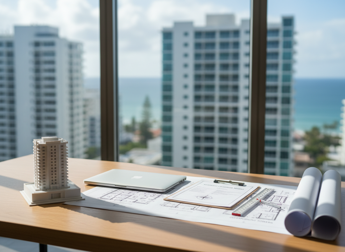 A tidy workspace prepared for a real estate appraisal, with a large wooden desk supporting a closed, slim silver laptop, a printed property valuation report neatly clipped on a clipboard, and an architect’s scale ruler aligned beside detailed blueprints of a coastal building. A small 3D-printed white model of a residential tower stands near the edge, emphasizing geometry and structure. The scene is set next to a wide window showing an out-of-focus coastal skyline. Soft, diffused daylight illuminates the desk from the side, creating crisp yet gentle shadows. Photographic realism, slightly elevated angle, balanced composition with subtle depth of field, modern and minimalist atmosphere that conveys organization, technical rigor, and agile service for investors, lawyers, brokers, and developers.